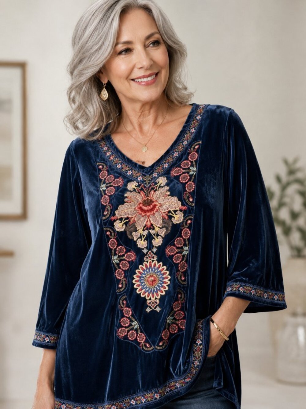Paparazzi Navy Blue Velvet Embroidered Floral High Low Tunic Top Size M